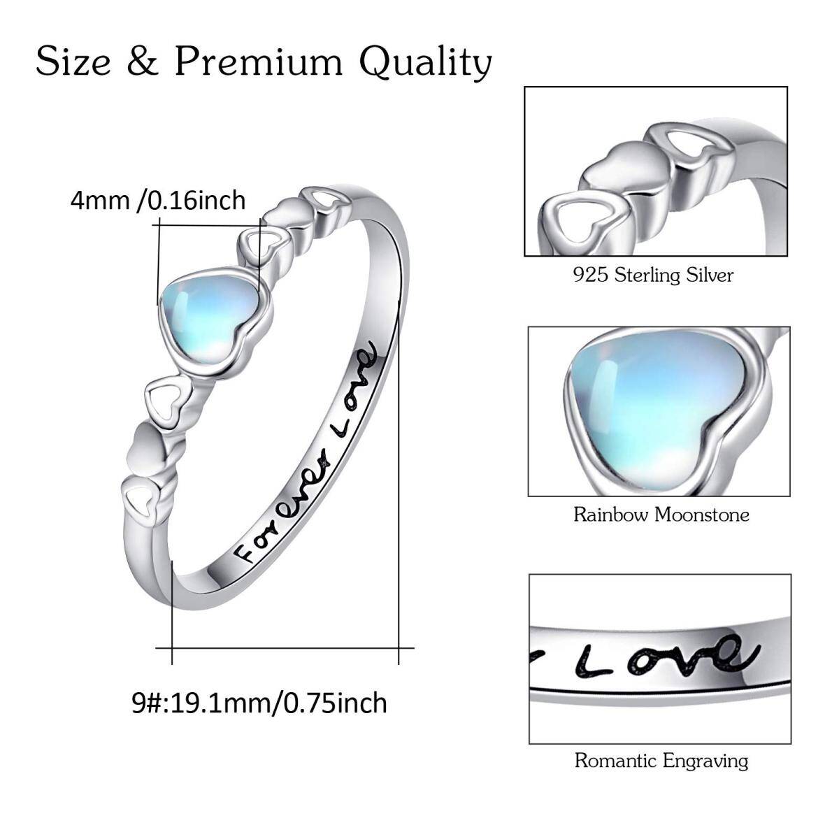 Sterling Silver Heart Moonstone Ring With Engraved Word For Women-4