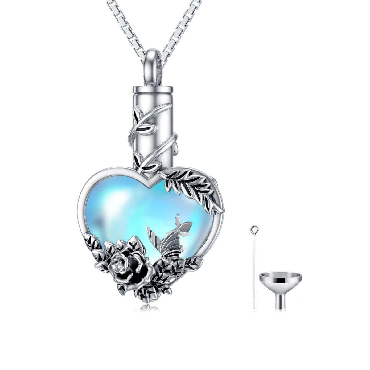 Collar de urna de plata de ley con forma de corazón y piedra lunar y rosa para cenizas-1