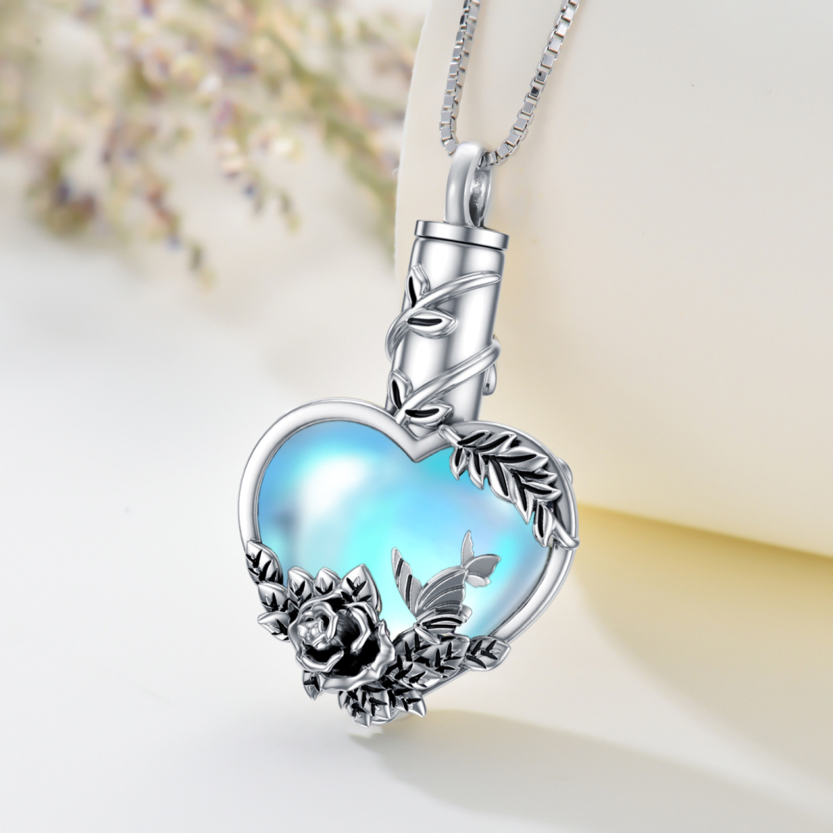 Sterling Silver Heart Moonstone Rose Urn Necklace For Ashes-3