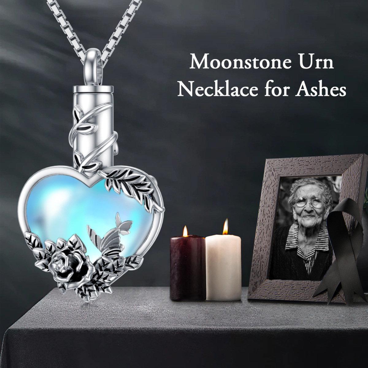 Collar de urna de plata de ley con forma de corazón y piedra lunar y rosa para cenizas-4