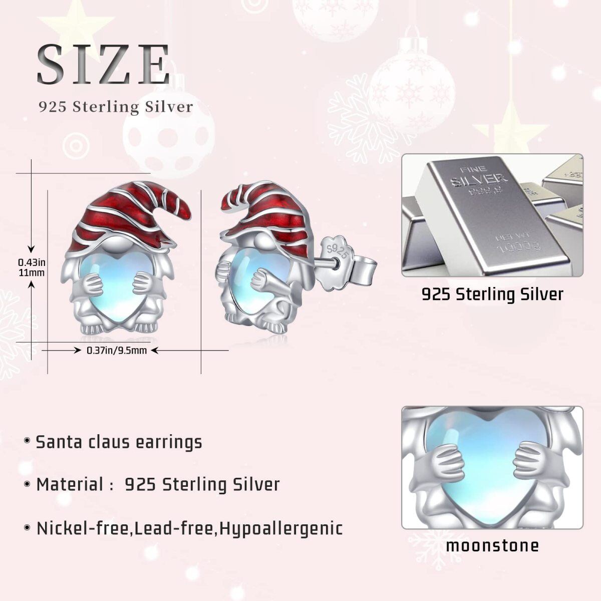 Sterling Silber Herzförmiger Mondstein Weihnachtsmannmütze Ohrstecker-5