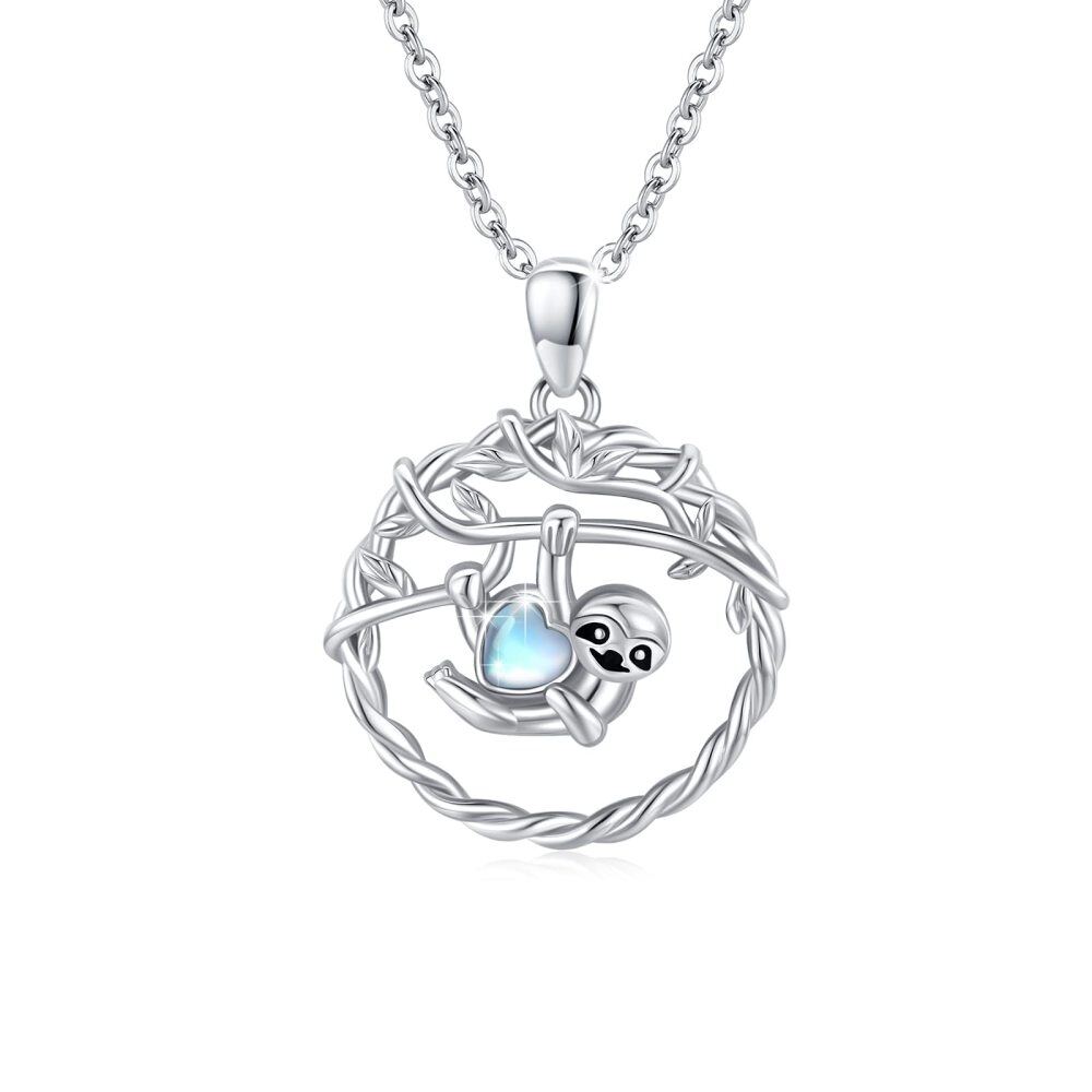 Sterling Silver Heart Shaped Moonstone Sloth Pendant Necklace-1