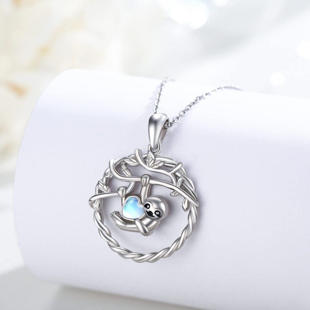 Sterling Silver Heart Shaped Moonstone Sloth Pendant Necklace-4