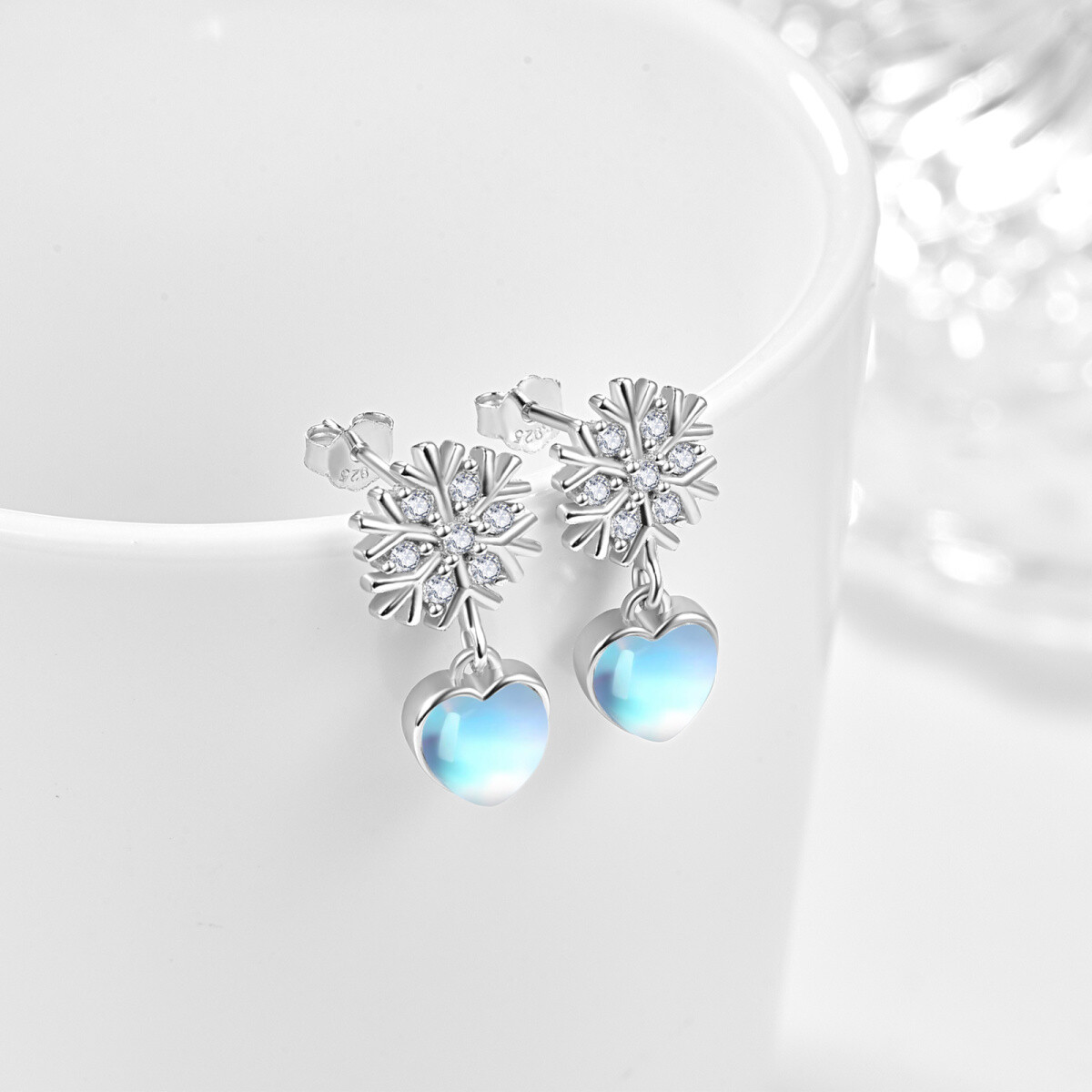 Sterling Silver Heart Moonstone With Snowflake Drop Earrings For Women Best Friend-3