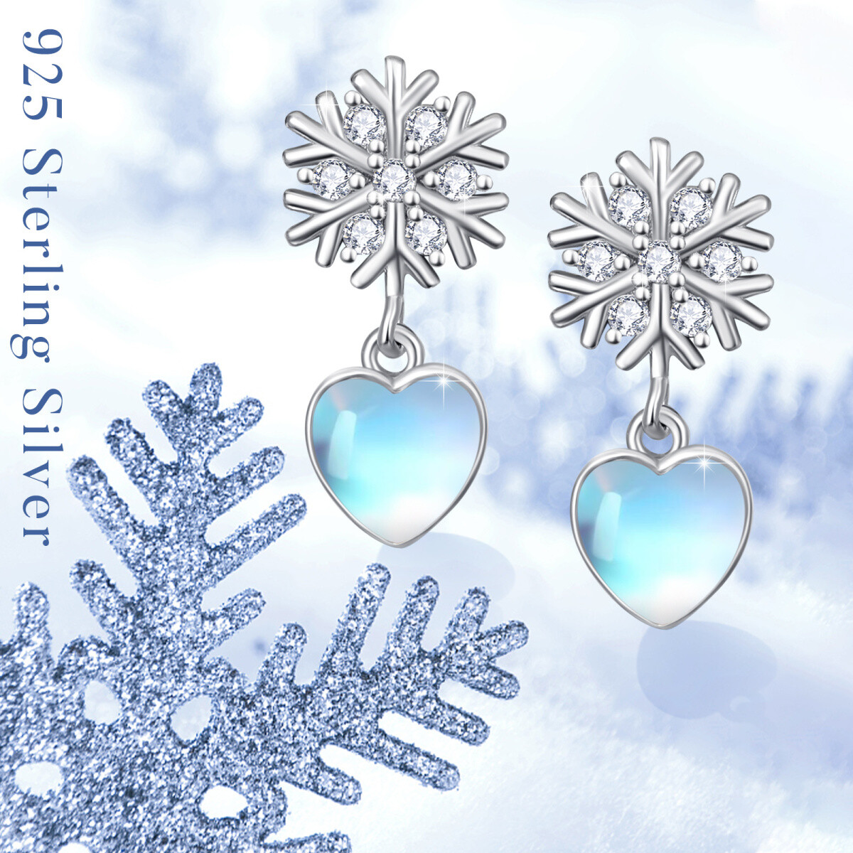 Sterling Silver Heart Moonstone With Snowflake Drop Earrings For Women Best Friend-5