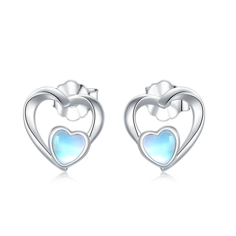 Sterling Silver Heart Moonstone Heart Stud Earrings For Women-7