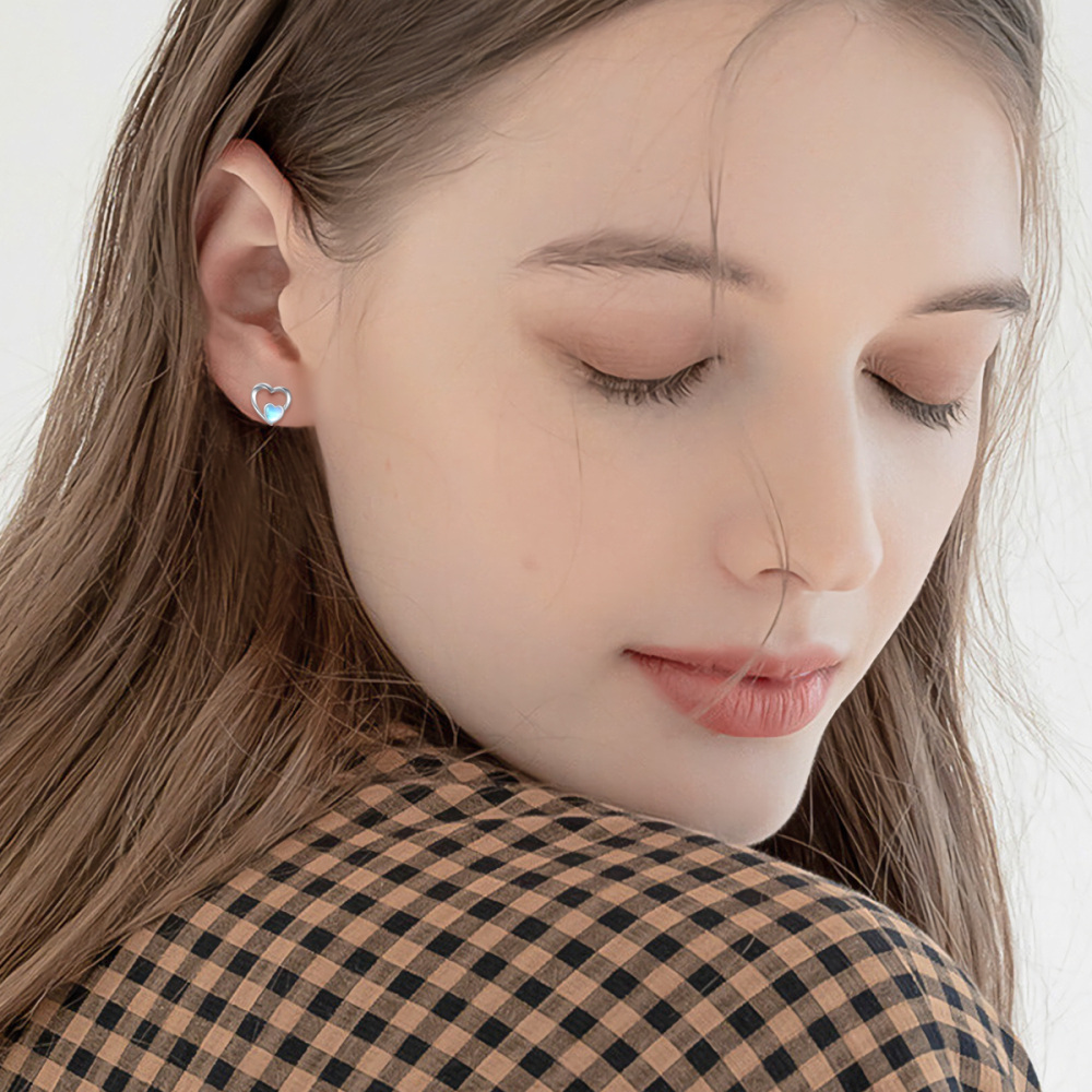 Sterling Silver Heart Moonstone Heart Stud Earrings For Women-2