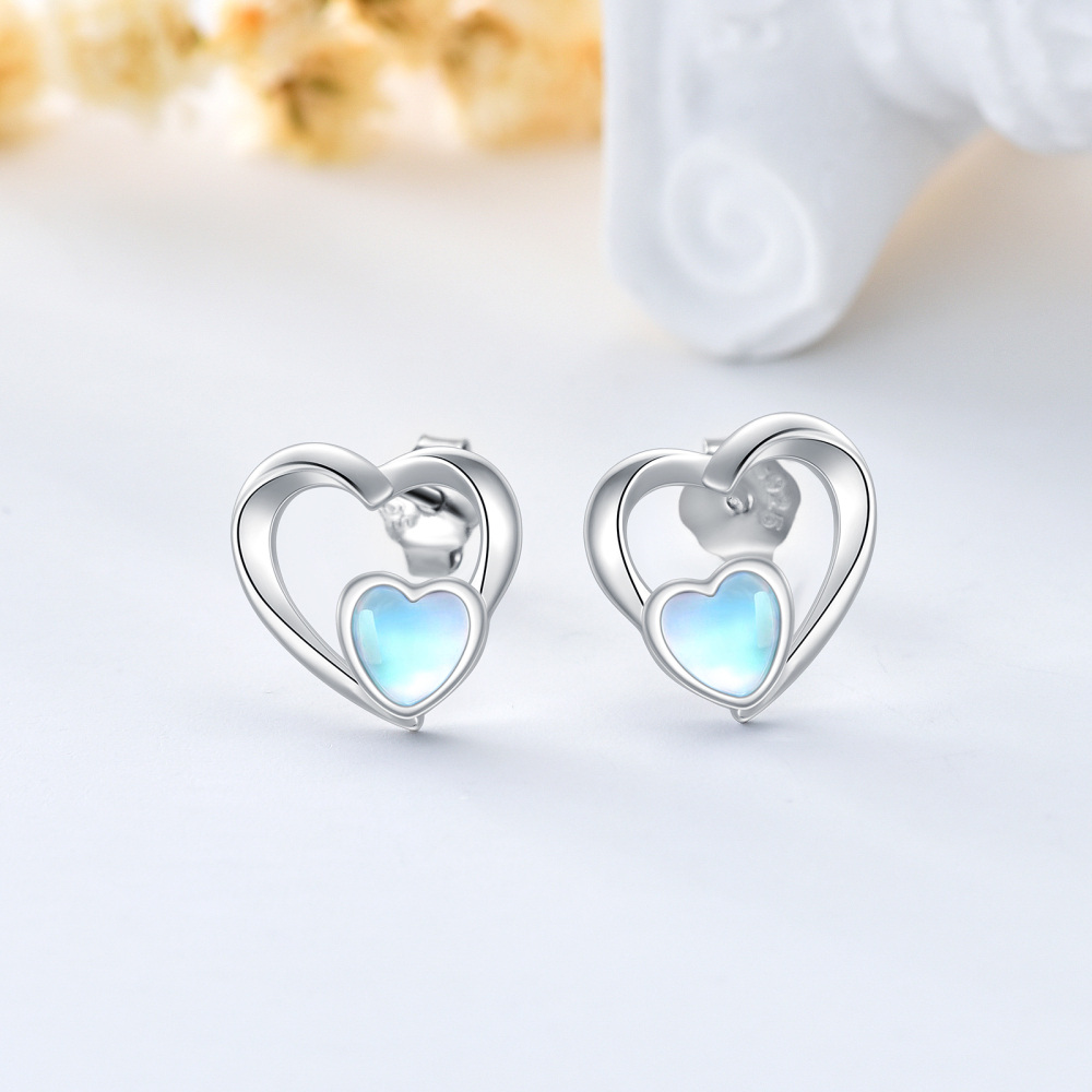 Sterling Silver Heart Moonstone Heart Stud Earrings For Women-3