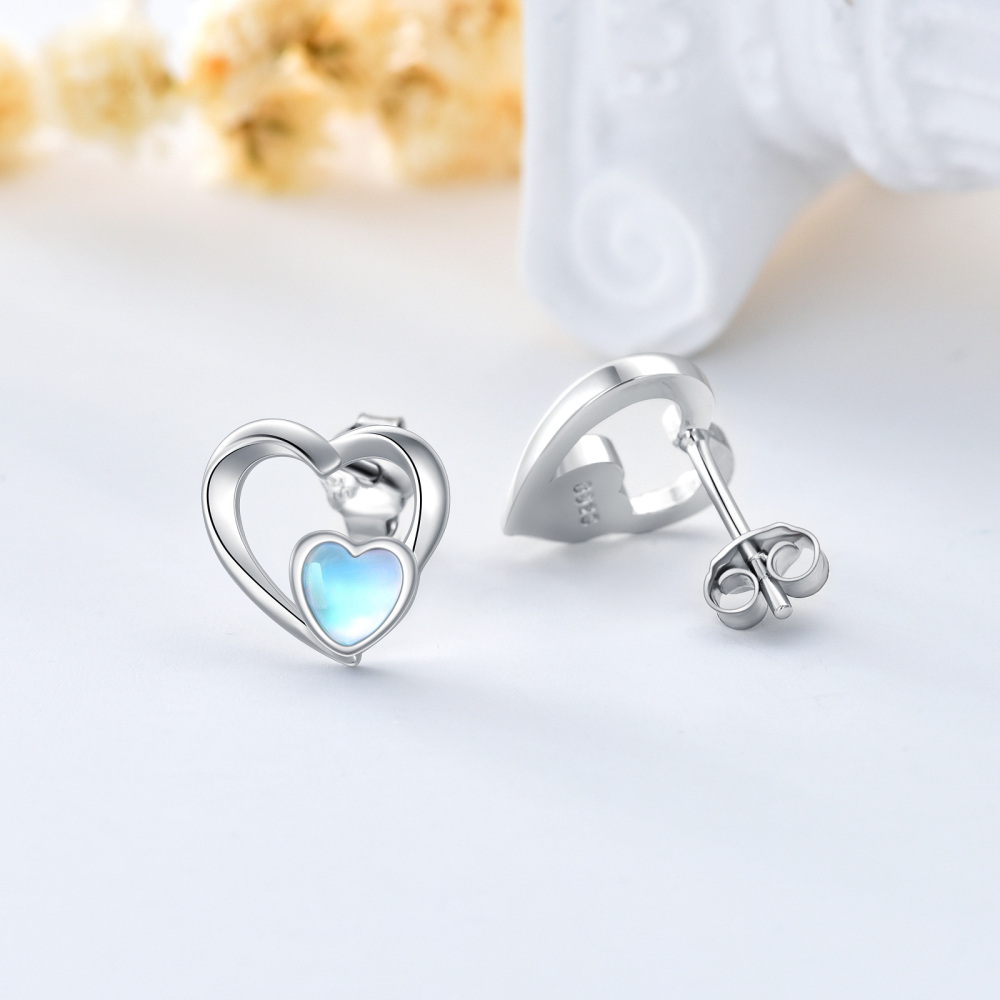 Sterling Silver Heart Moonstone Heart Stud Earrings For Women-4