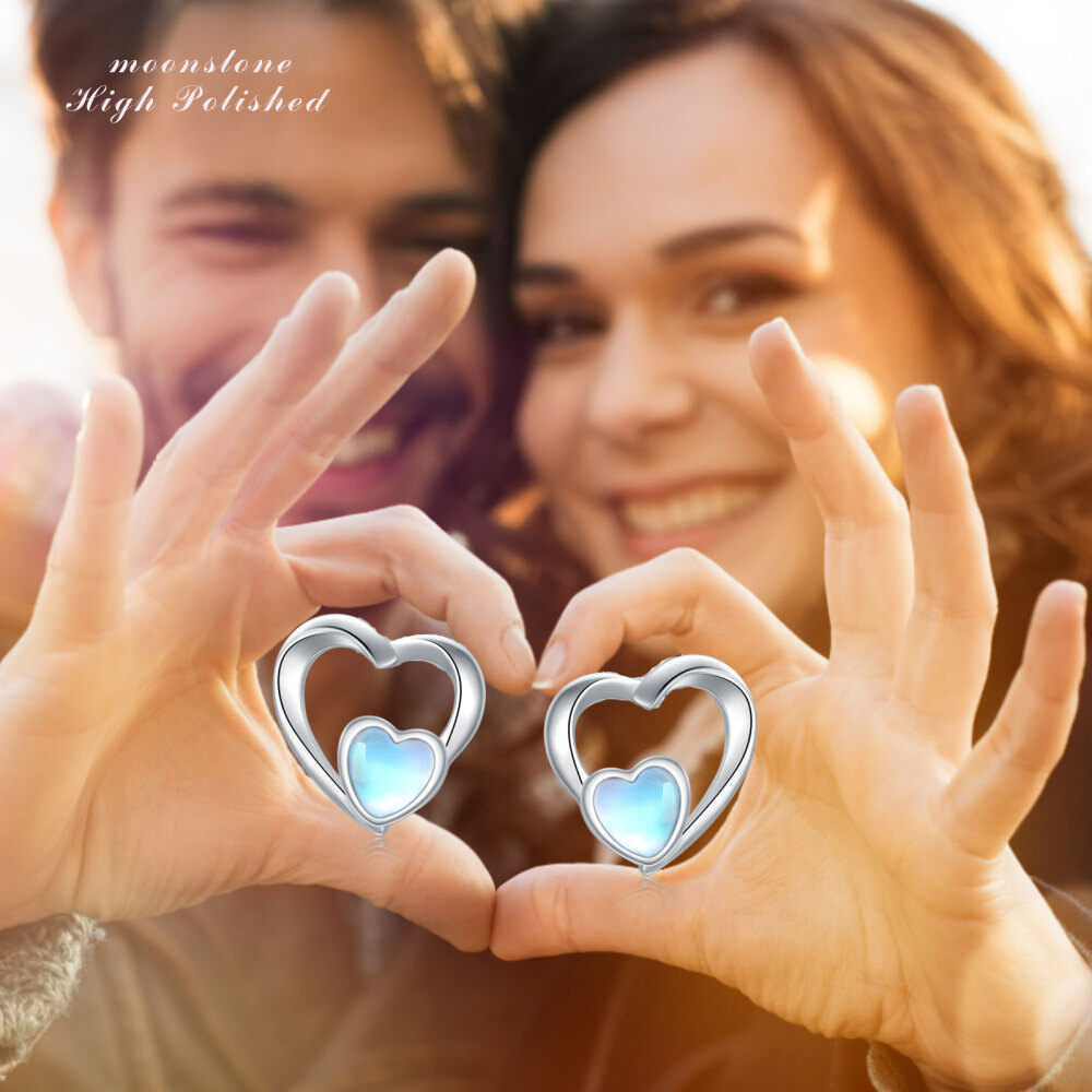 Sterling Silver Heart Moonstone Heart Stud Earrings For Women-5