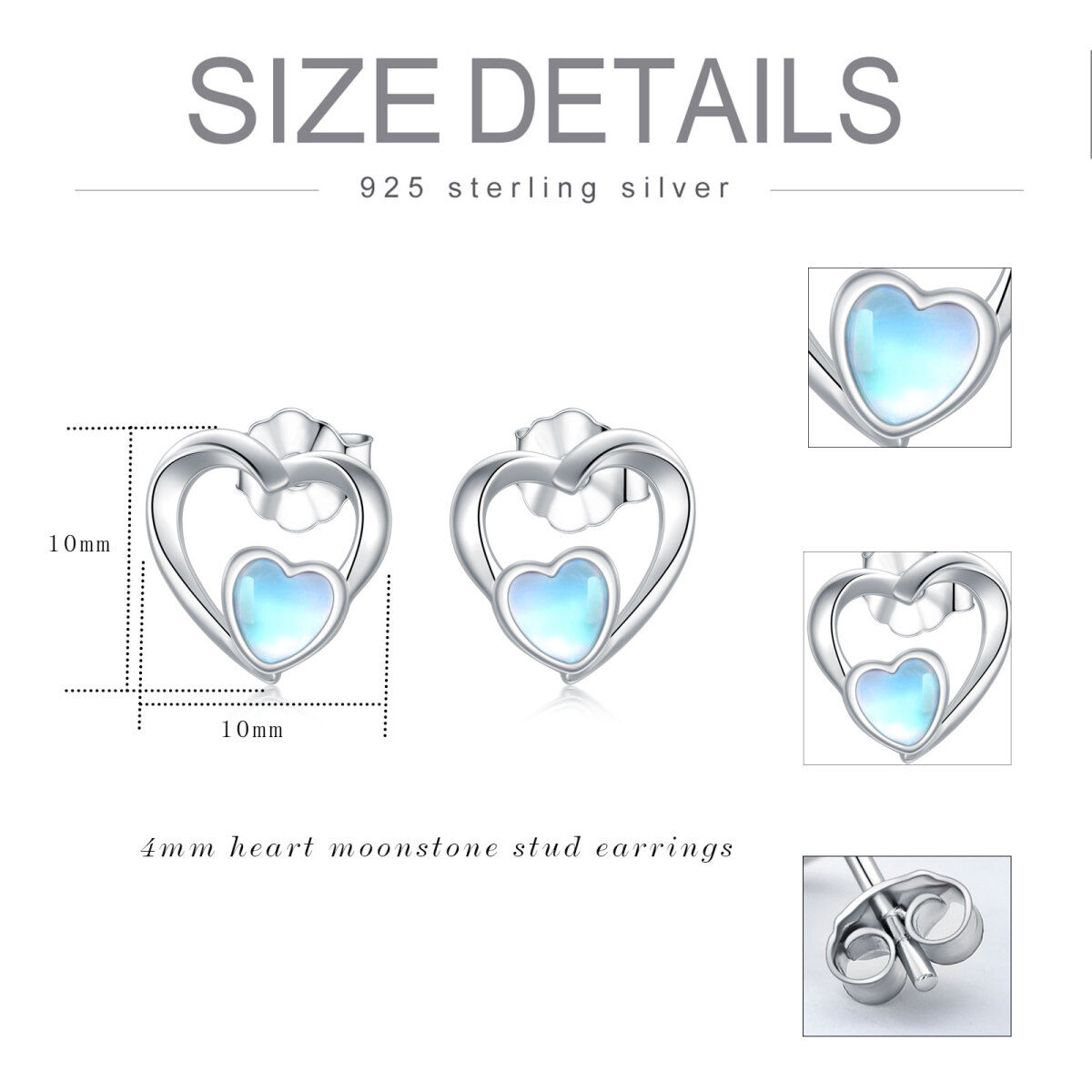 Sterling Silver Heart Shaped Moonstone Heart Stud Earrings-6