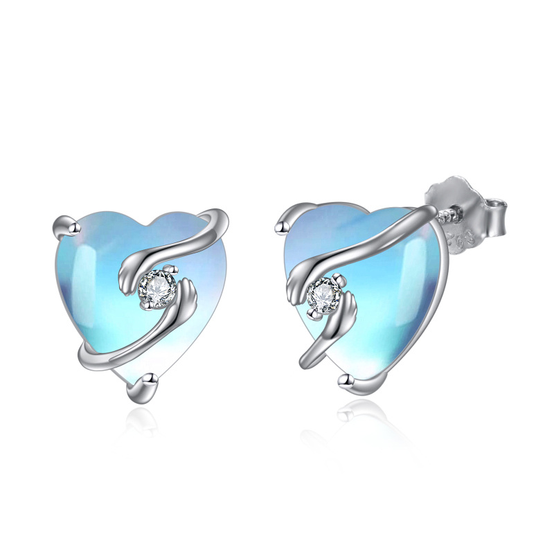 Sterling Silver Heart Moonstone Heart Stud Earrings For Women-6