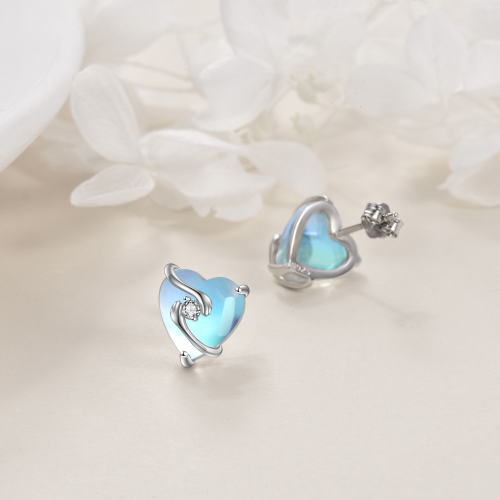 Sterling Silver Heart Moonstone Heart Stud Earrings For Women-4