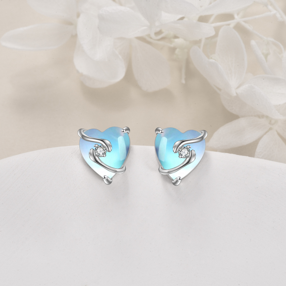 Sterling Silver Heart Moonstone Heart Stud Earrings For Women-5