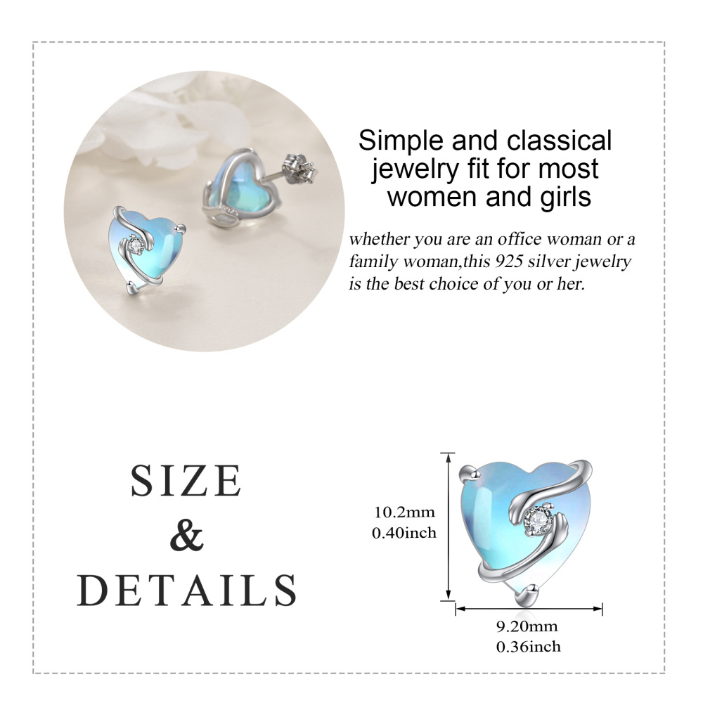 Sterling Silver Heart Moonstone Heart Stud Earrings For Women-6