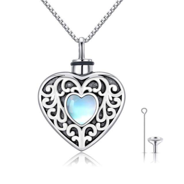 Plata de ley en forma de corazón Moonstone Corazón Urna Collar para cenizas-1