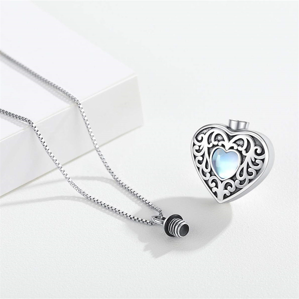 Sterling Silver Heart Shaped Moonstone Heart Urn Necklace for Ashes-4