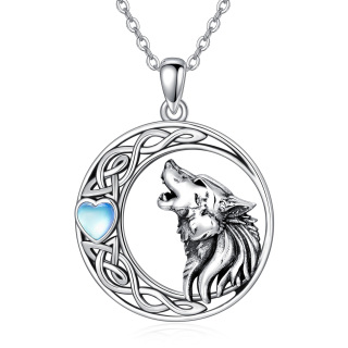 Sterling Silver Heart Shaped Moonstone Wolf & Moon Pendant Necklace-17