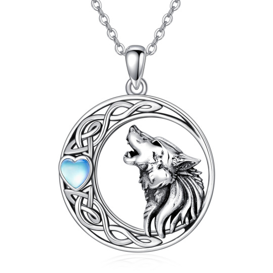 Sterling Silver Heart Shaped Moonstone Wolf & Moon Pendant Necklace