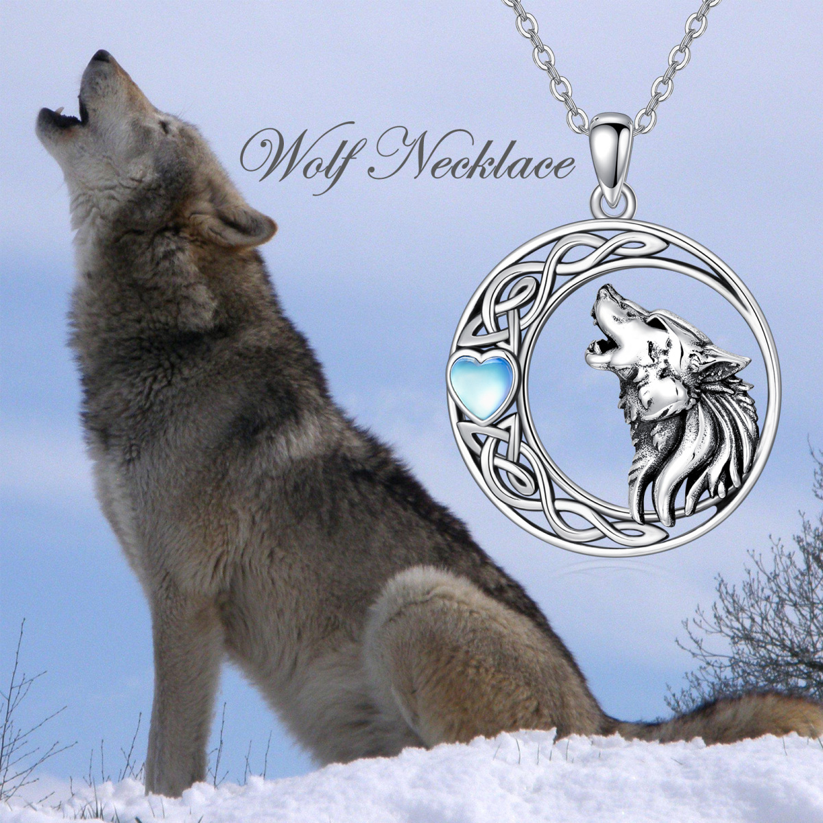 Sterling Silver Heart Shaped Moonstone Wolf & Moon Pendant Necklace-4