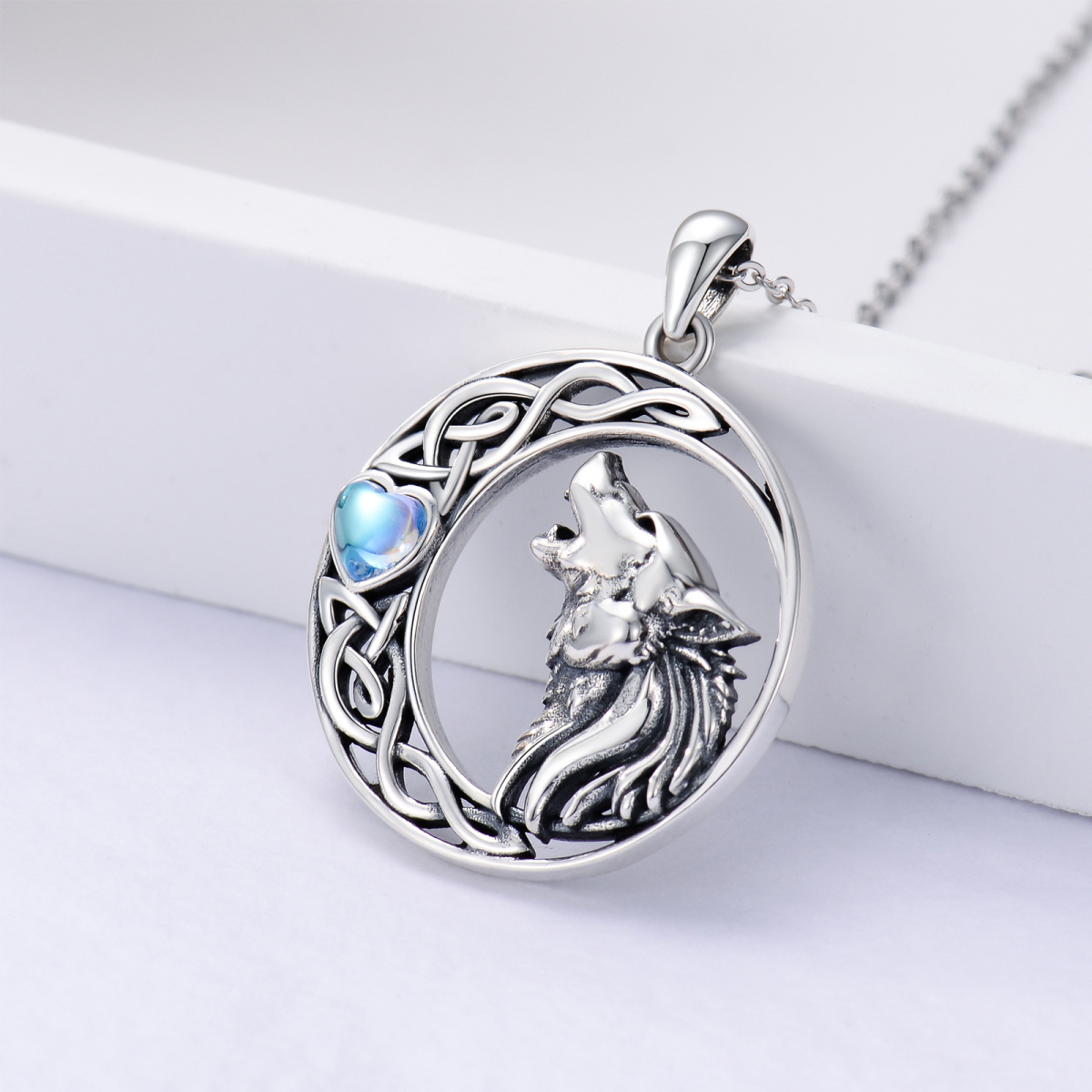 Sterling Silver Heart Shaped Moonstone Wolf & Moon Pendant Necklace-5