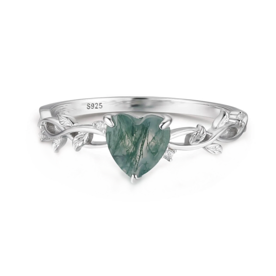 Sterling Silver Heart Moss Agate Couple Engagement Ring For Women