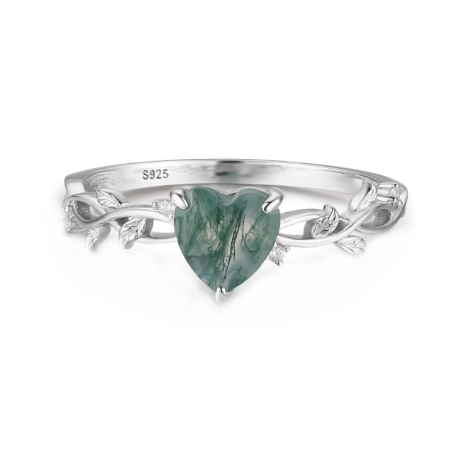 Sterling Silver Heart Shaped Moss Agate Couple & Heart Engagement Ring-2