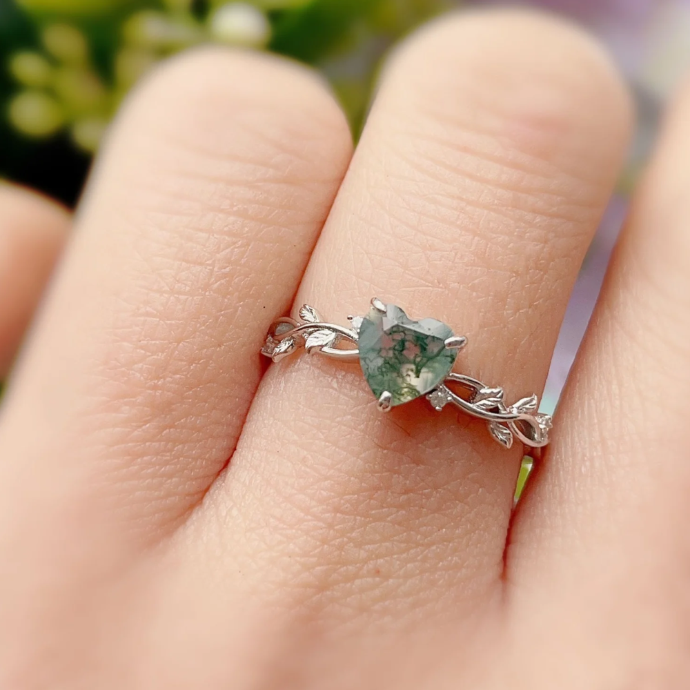 Sterling Silver Heart Moss Agate Couple Engagement Ring For Women-3