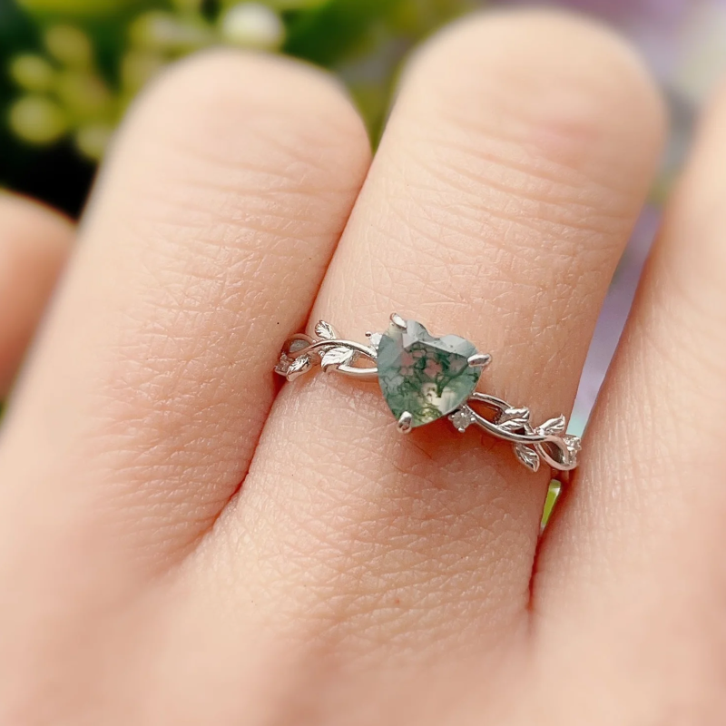 Anel de noivado de casal de ágata musgo em prata esterlina para mulheres-3