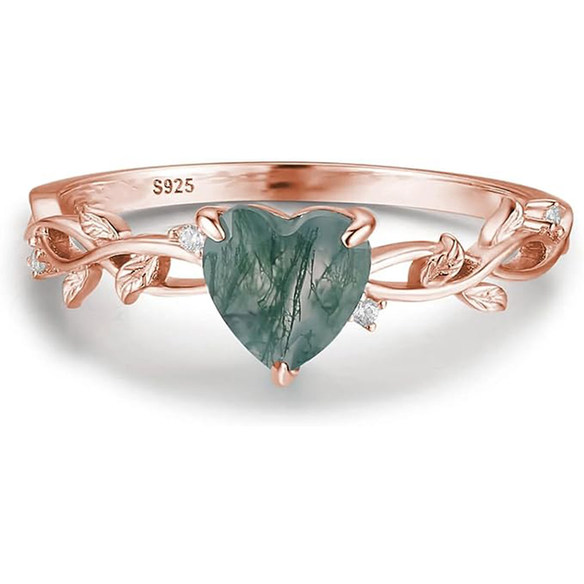 Anillo de compromiso de pareja de ágata musgo con corazón de plata de ley para mujer-4