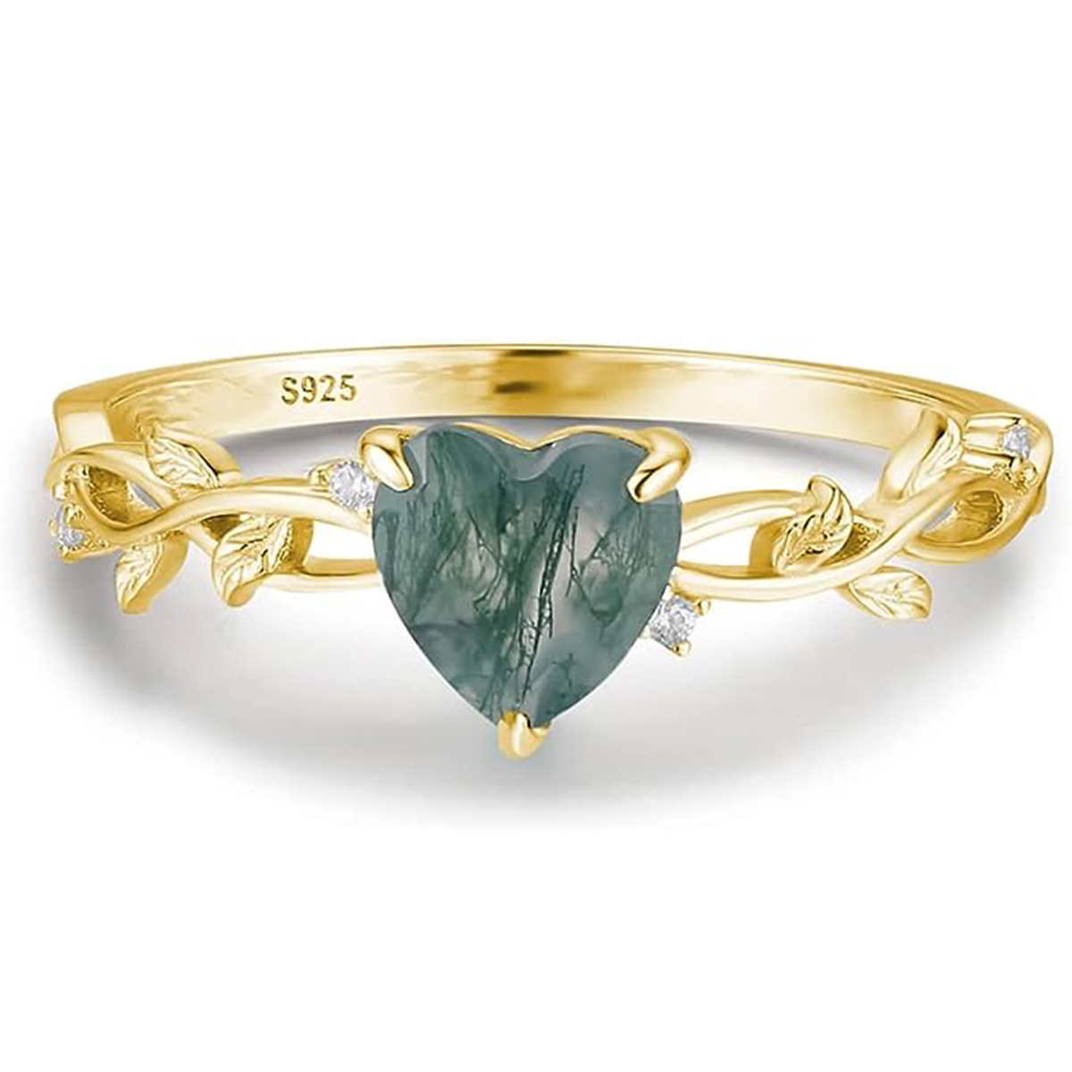 Anillo de compromiso de pareja de ágata musgo con corazón de plata de ley para mujer-5