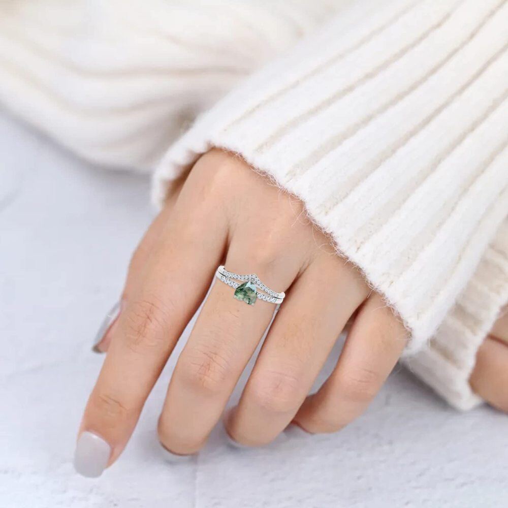 Sterling Silver with Rose Gold Plated Heart Shaped Moss Agate Engagement Ring-2
