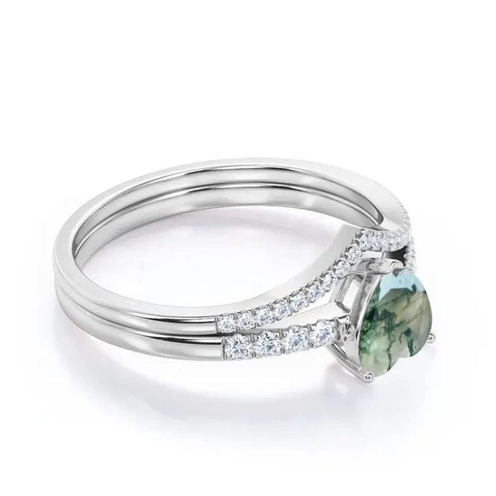 Sterling Silver with Rose Gold Plated Heart Shaped Moss Agate Engagement Ring-3