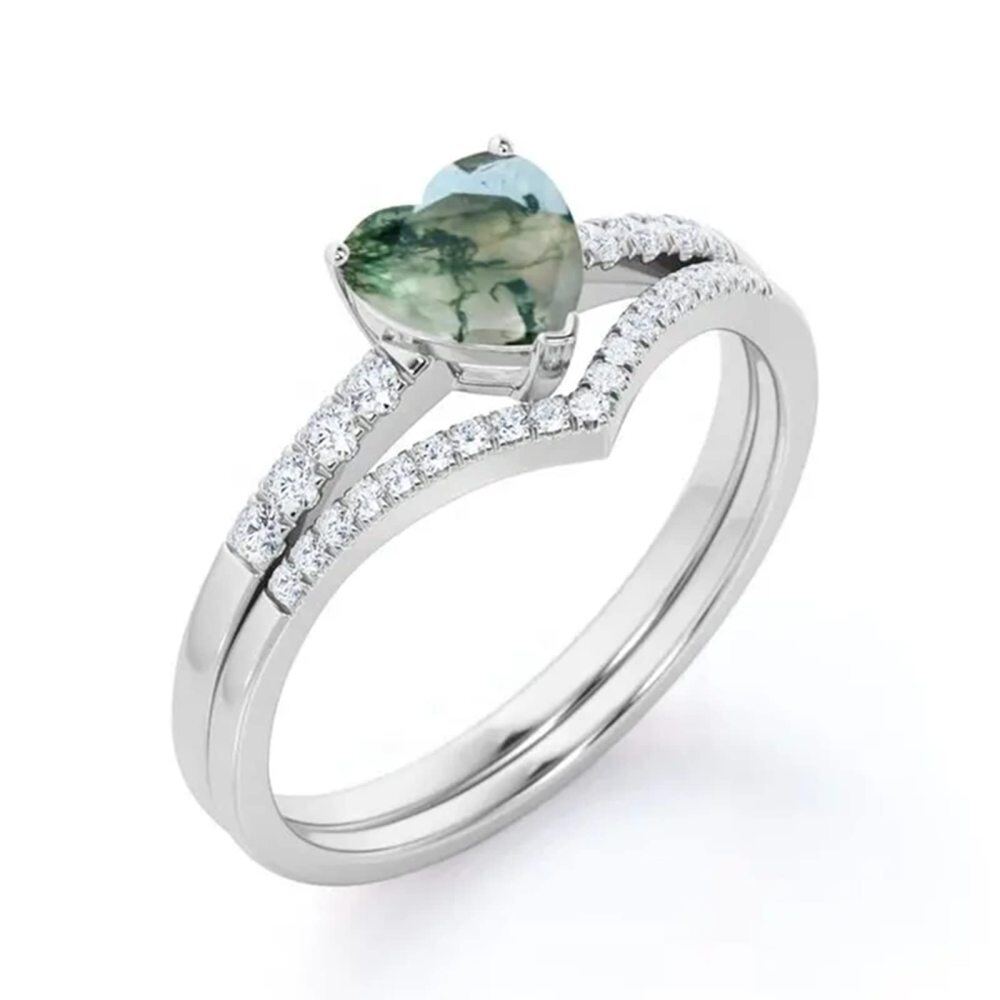 Sterling Silver with Rose Gold Plated Heart Shaped Moss Agate Engagement Ring-4