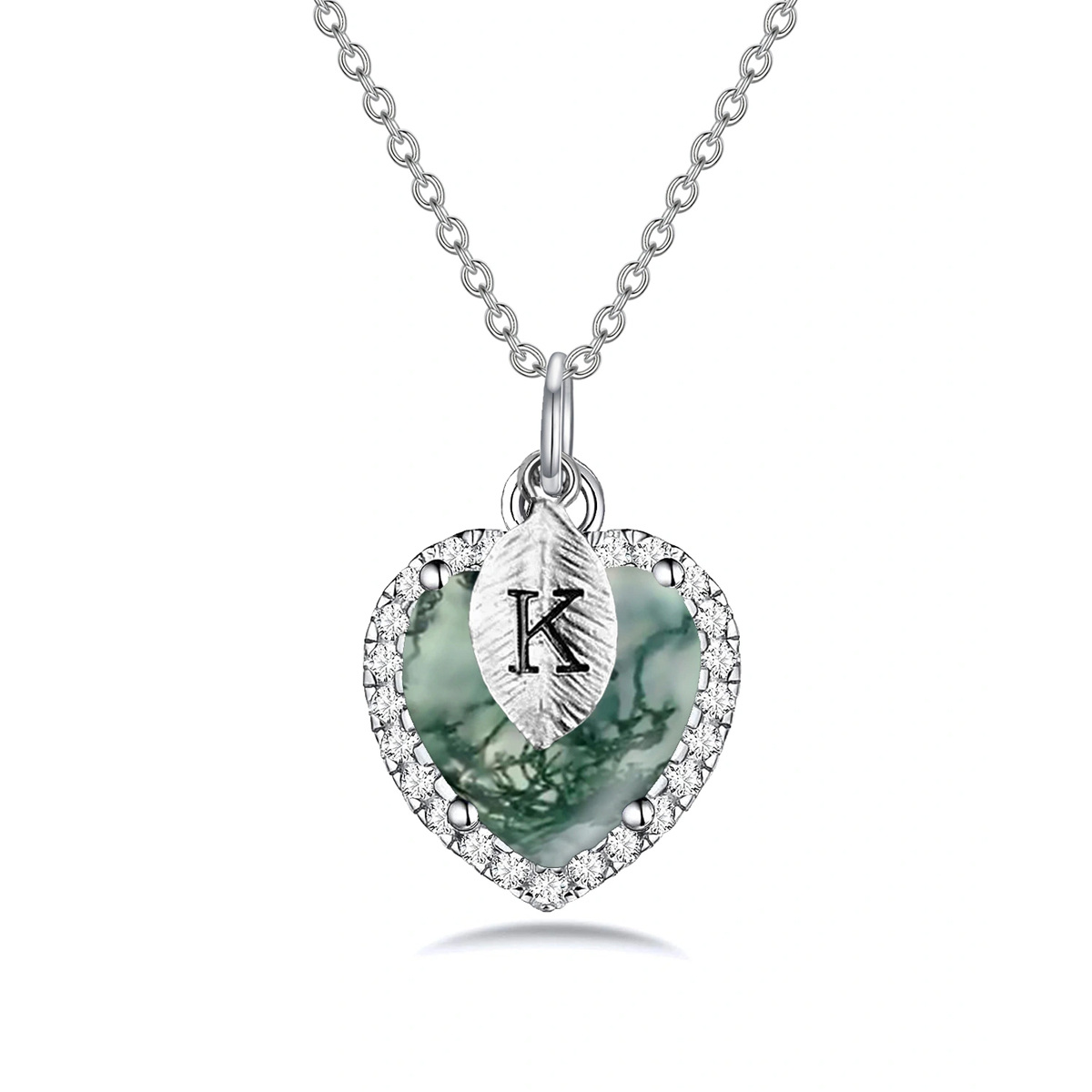 Sterling Silver Heart Moss Agate Pendant Necklace With Initial Letter K For Women-1