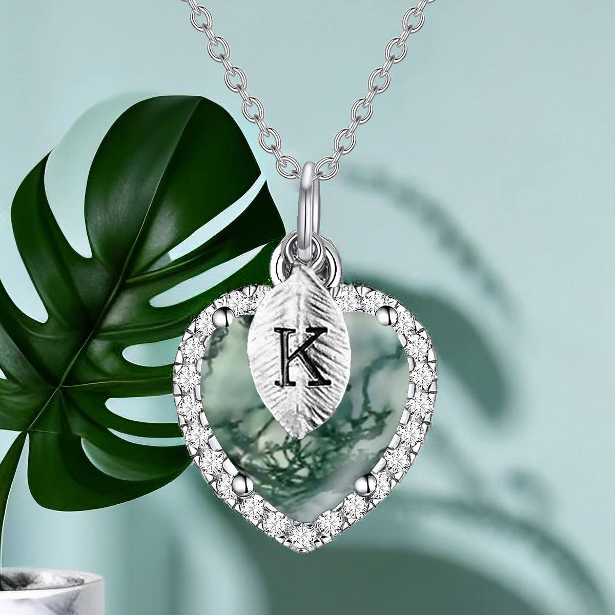 Sterling Silver Heart Moss Agate Pendant Necklace With Initial Letter K For Women-4