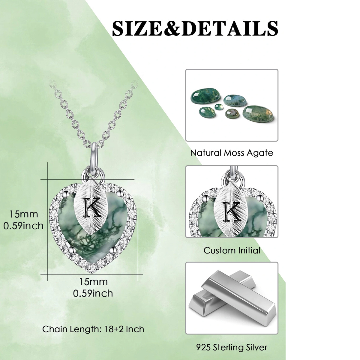 Sterling Silver Heart Moss Agate Pendant Necklace With Initial Letter K For Women-5