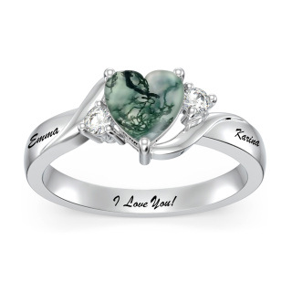 Sterling Silver Heart Shaped Moss Agate Personalized Engraving & Couple Engagement Ring-39