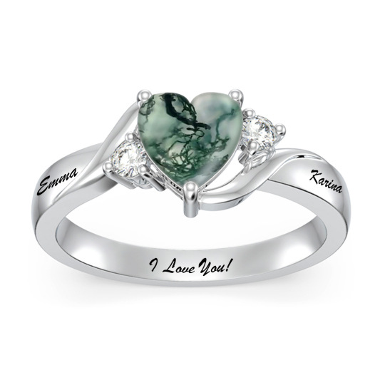 Sterling Silver Heart Shaped Moss Agate Personalized Engraving & Couple Engagement Ring-2