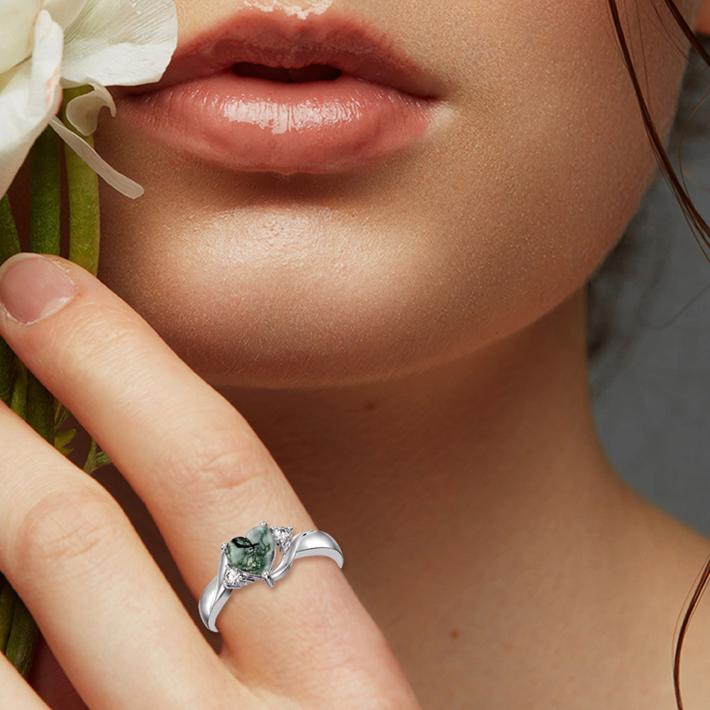 Bague de fiançailles de couple en argent sterling en forme de cœur en agate mousse avec gravure personnalisée-2