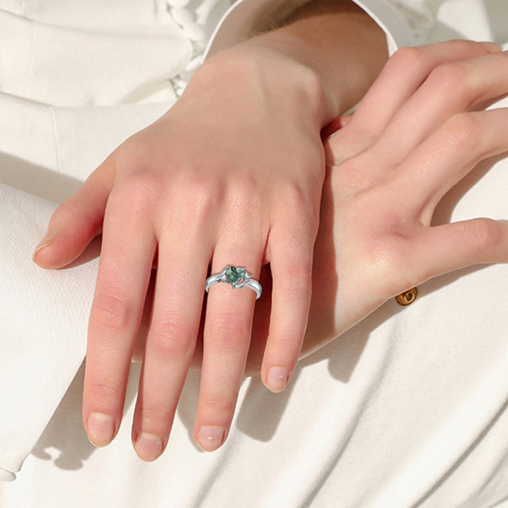 Bague de fiançailles de couple en argent sterling en forme de cœur en agate mousse avec gravure personnalisée-3