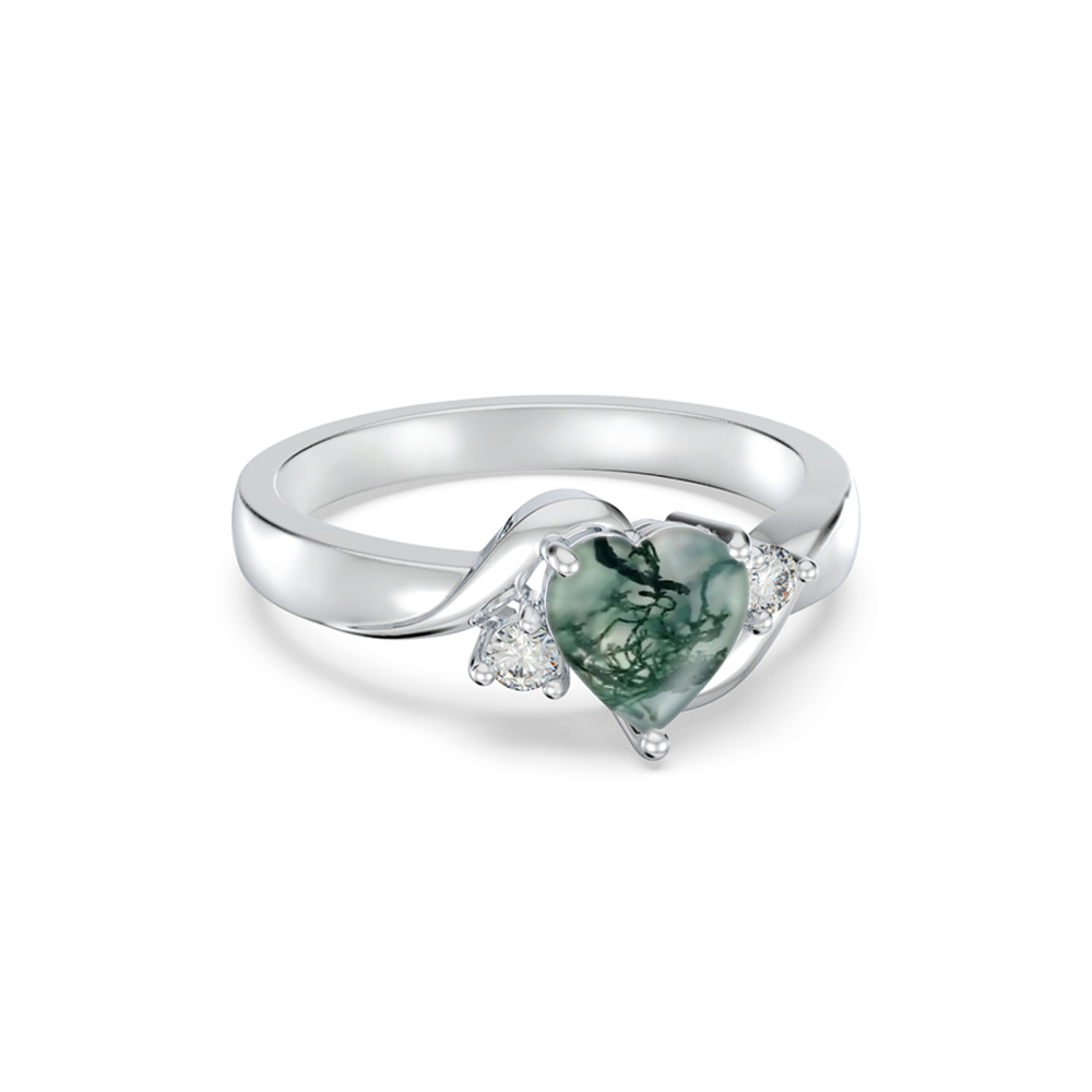 Bague de fiançailles de couple en argent sterling en forme de cœur en agate mousse avec gravure personnalisée-4
