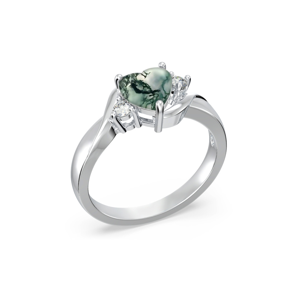 Bague de fiançailles de couple en argent sterling en forme de cœur en agate mousse avec gravure personnalisée-5
