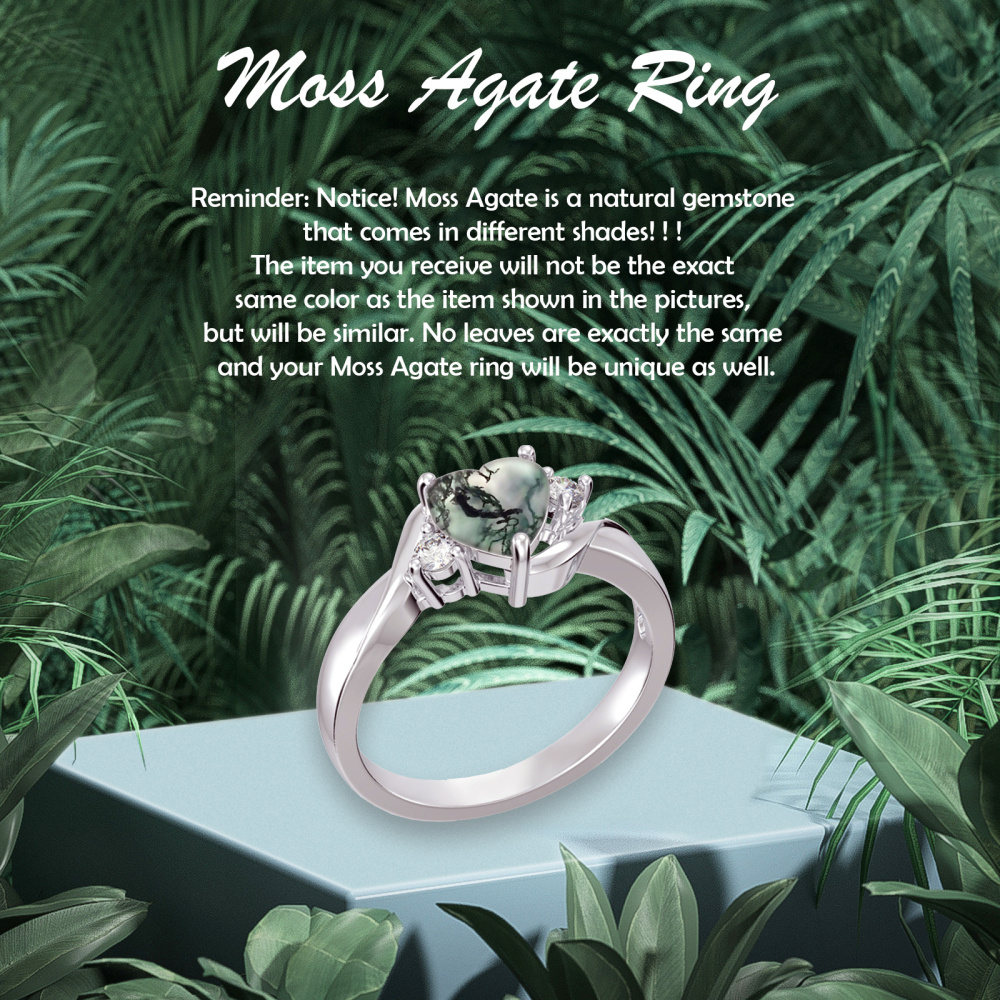 Bague de fiançailles de couple en argent sterling en forme de cœur en agate mousse avec gravure personnalisée-6