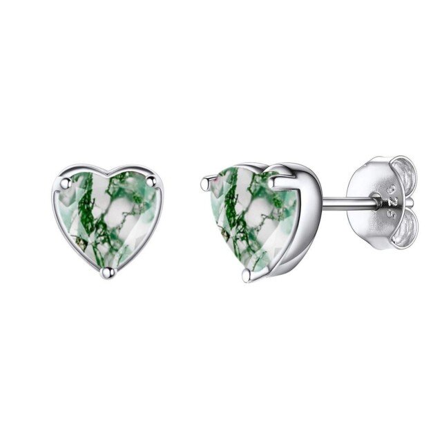 Sterling Silver Heart Shaped Moss Agate Heart Stud Earrings-1