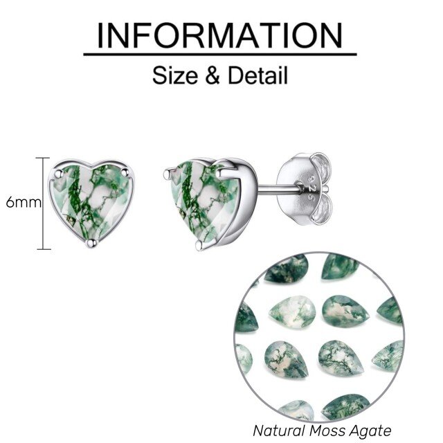 Sterling Silver Heart Shaped Moss Agate Heart Stud Earrings-4