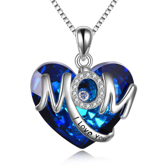 Sterling Silver Heart Shaped Mother & Heart Crystal Pendant Necklace with Engraved Word