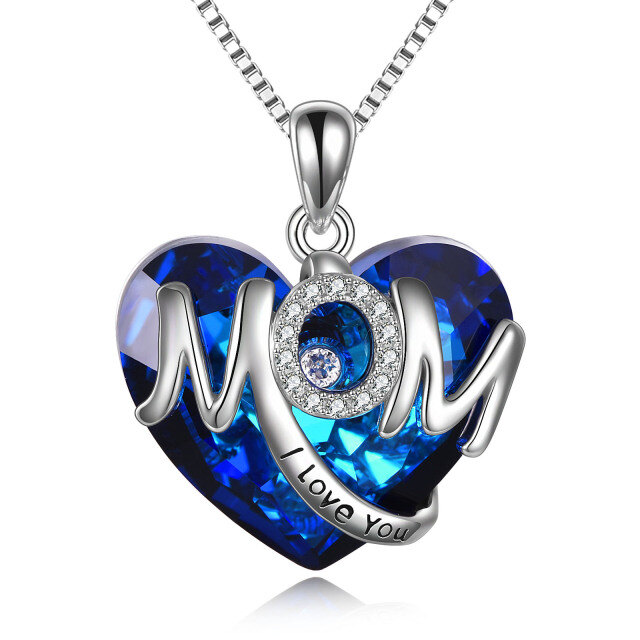 Sterling Silver Heart Shaped Mother & Heart Crystal Pendant Necklace with Engraved Word-4