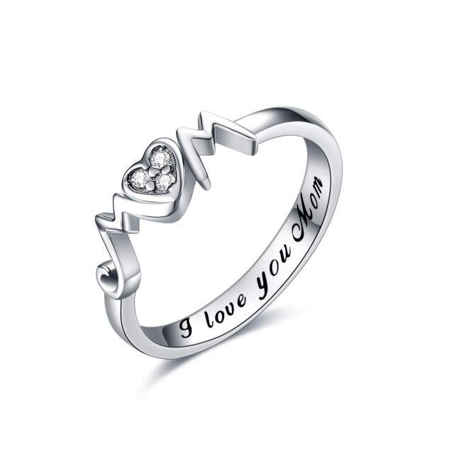 Anillo de plata de ley con forma de corazón y circonita cúbica para madre con palabra grabada