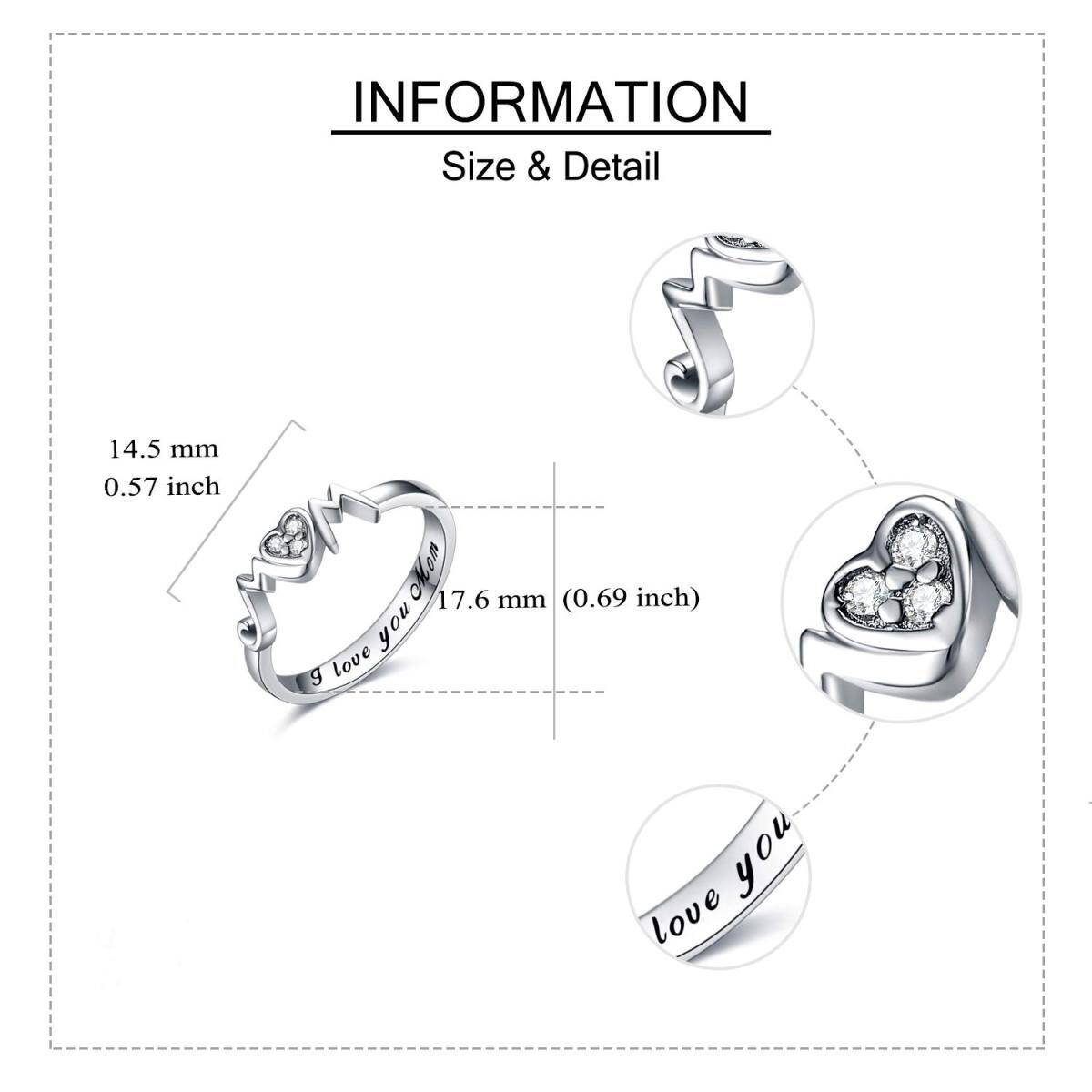 Anel de zircônia cúbica de coração em prata esterlina com palavra gravada para mãe-5